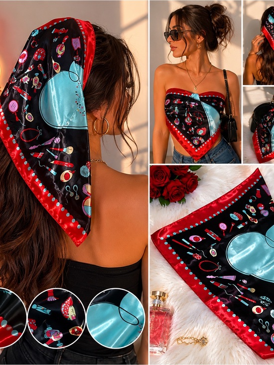 Accessories - Beauty Makeup Print Satin Scarf – Red & Black Hair Scarf